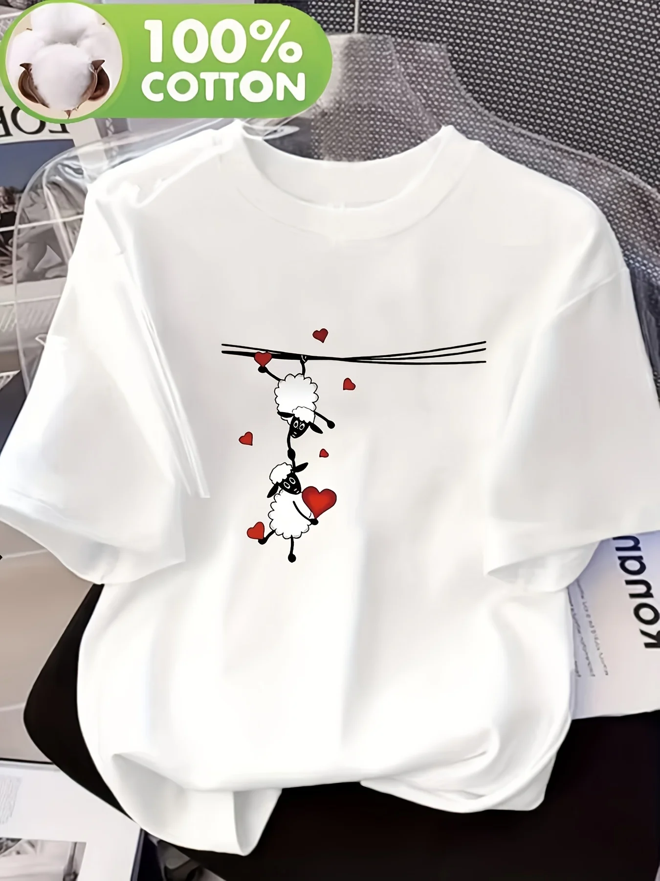 Summer Inverted Love Sheep Print T-shirt Casual Round Neck T-shirt Women's Breathable Top Comfortable and Soft Daily Wear