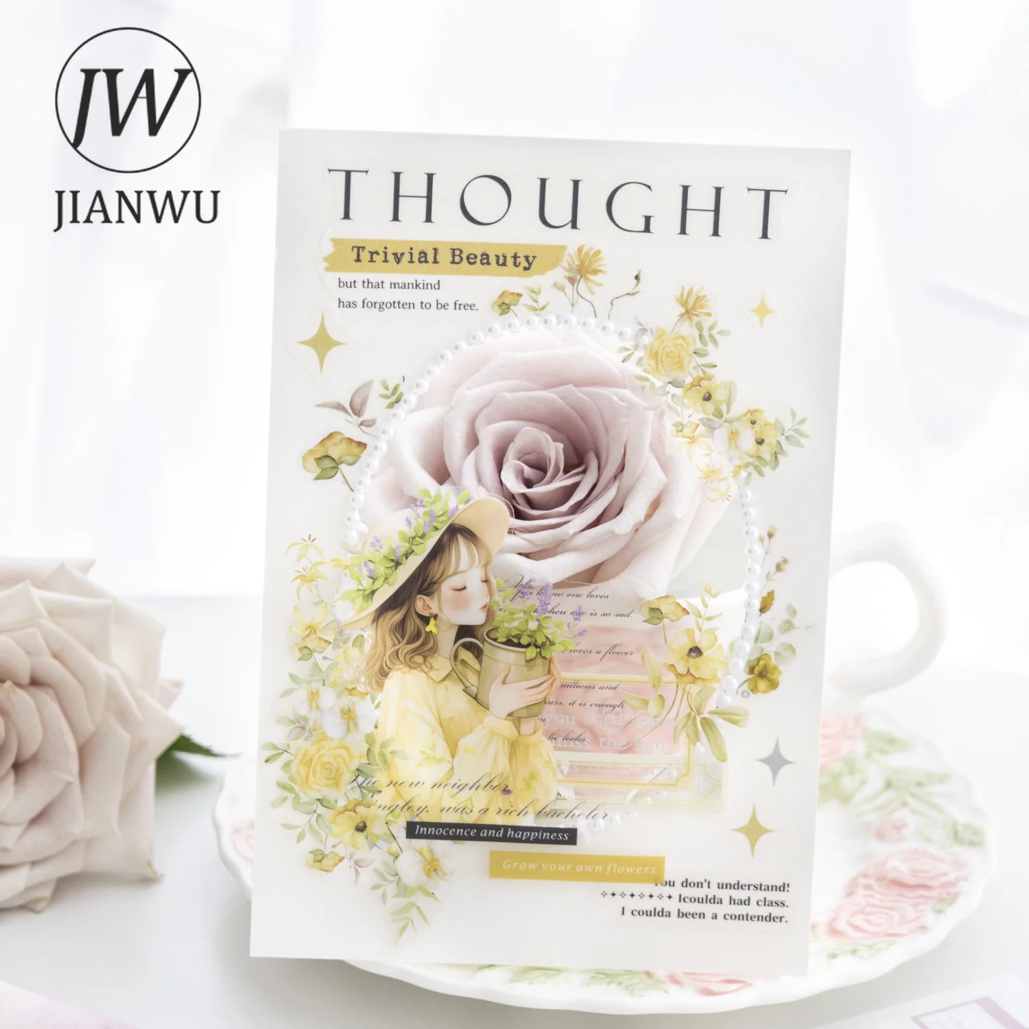 JIANWU Unscrutable Romance Series Vintage Character Flower Material Collage Sticker Book Creative DIY Journal Stationery