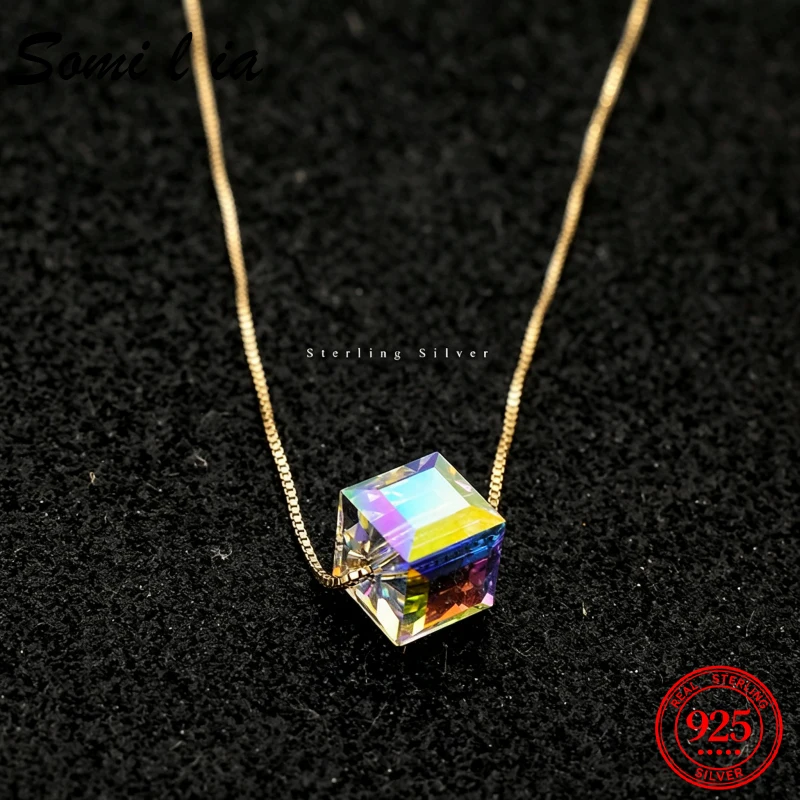 Somilia 925 Sterling Silver Colorful Cube Crystal Pendant Necklace Women Daily Fashion Jewelry