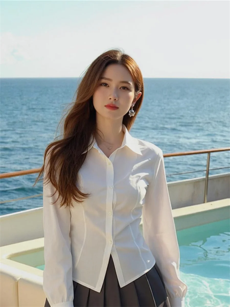 

White Shirts Women Casual Office Lady Work Elegant Simple Design Classic Button-up Long Sleeve Breathable Cotton Loose Fit Tops