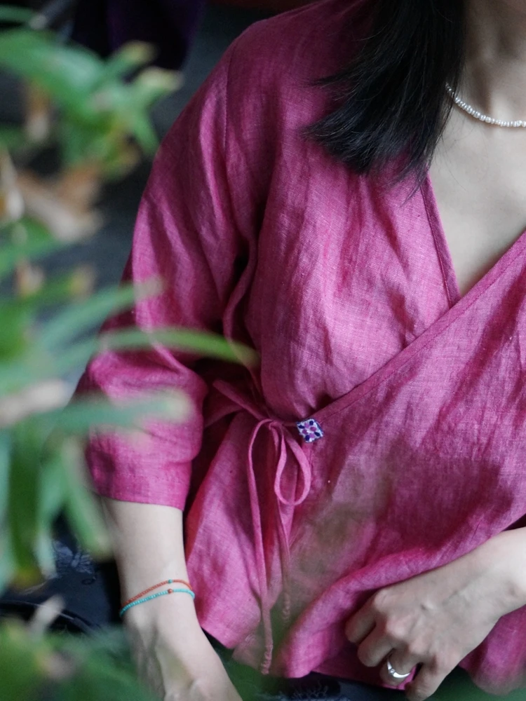 

Original Design Women's Hanfu irt Improved Version Linen Material Plum Pink Artistic Sle ort Length Summer Top