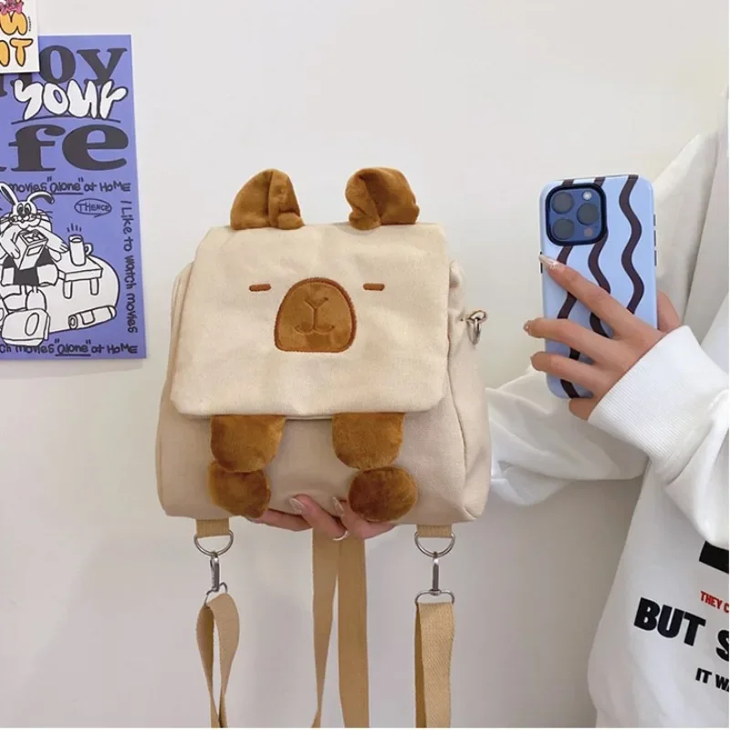 Xiuya Cute Capybara Shoulder Bag for Women Canvas Small 2024 New Fashion Cartoon Backpack Kawaii Simple Designer Female Handbag