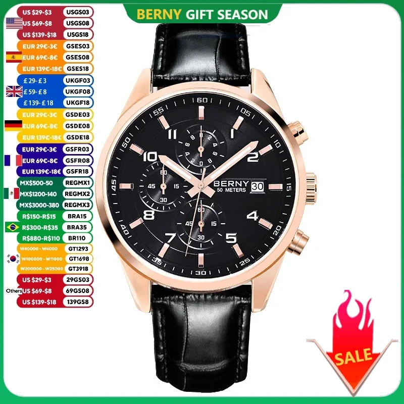 BERNY Watches for Men 42mm Quartz Chronograph Men\'s Watch Sapphire fashion Date Luminous Multi-function Timing Sport Wristwatch