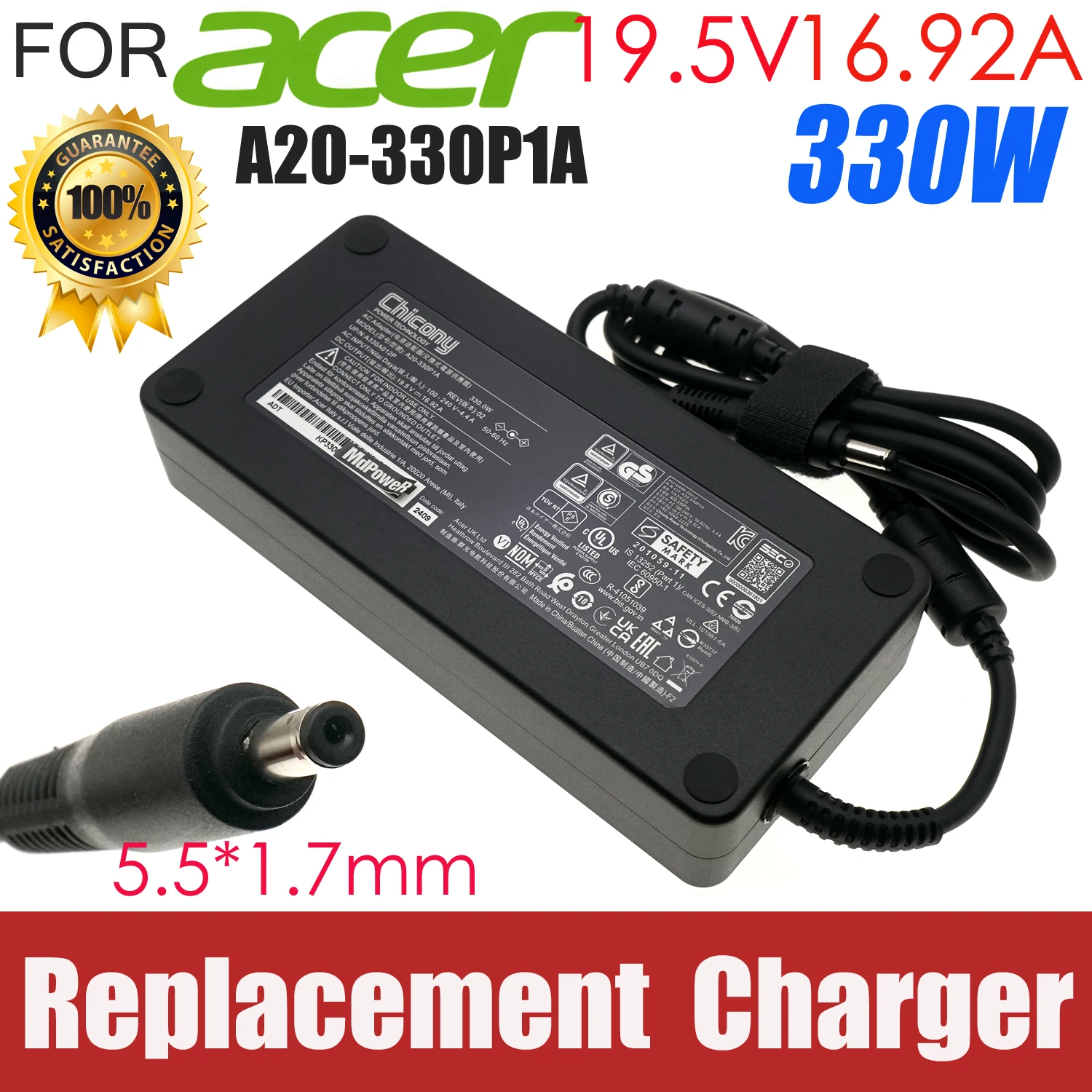 330W 19.5V 16.92A Replacement AC Adapter for Acer Predator Helios 18 PH18-71 Nitro 5 AN515-58-74TL Liteon PA-1331-99 A20-330P1A