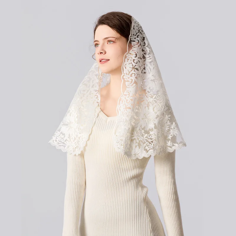 Image of Spitzen-Mantilla-Schleier für Damen, weiß, schwarz, spanischer Messe- und Kapellenschleier, katholischer Schleier für die Kirche, Kopfbedeckung, Brautschleier für die Hochzeit