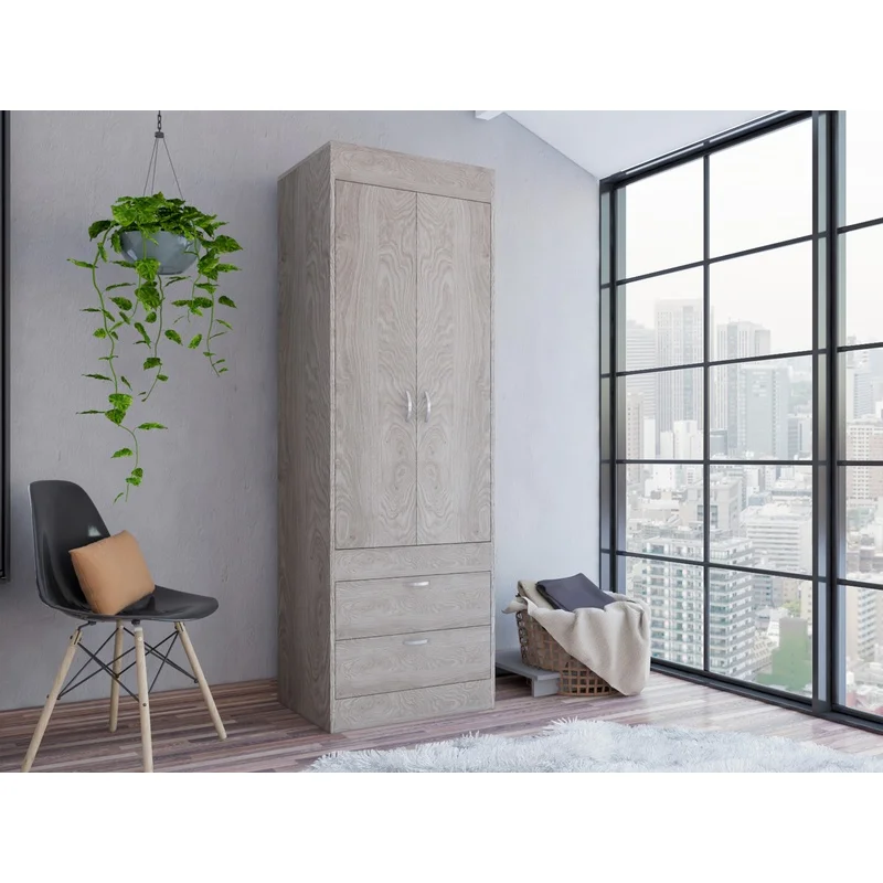 

Light Gray Double Door Cabinet with Rod and Two Drawers, Metal Handles