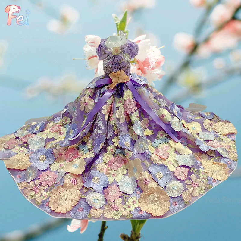 

Luxury Handmade Embroidery Purple Flower Dog Dress Long Tail Style for Small to Medium Dogs Puppy High-End Pet Clothing 2026