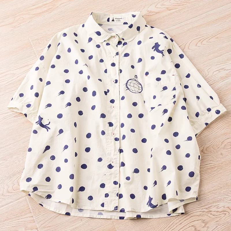 Harajuku fashion cartoon polka dots shirts and blouses for women summer Japan style 100% cotton large size tops female