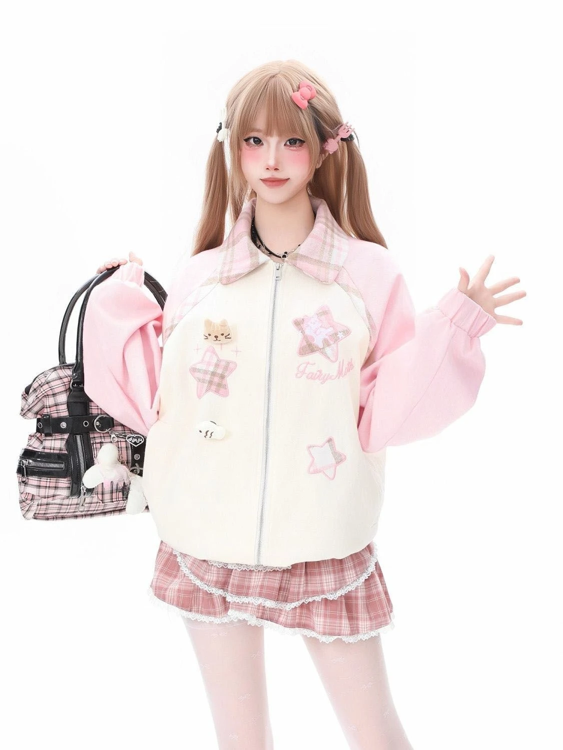 Y2K Sweet Style Jacket Long Sleeve Women Casual Star Bear Plush Panel Pattern Cute Spring Autumn Harajuku Casual Outerwear