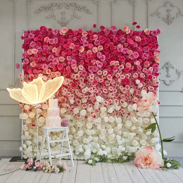 

Deluxe 5D gradient color hot pink White Wedding Background Artificial plant Flower wall fabric banquet activities decoration