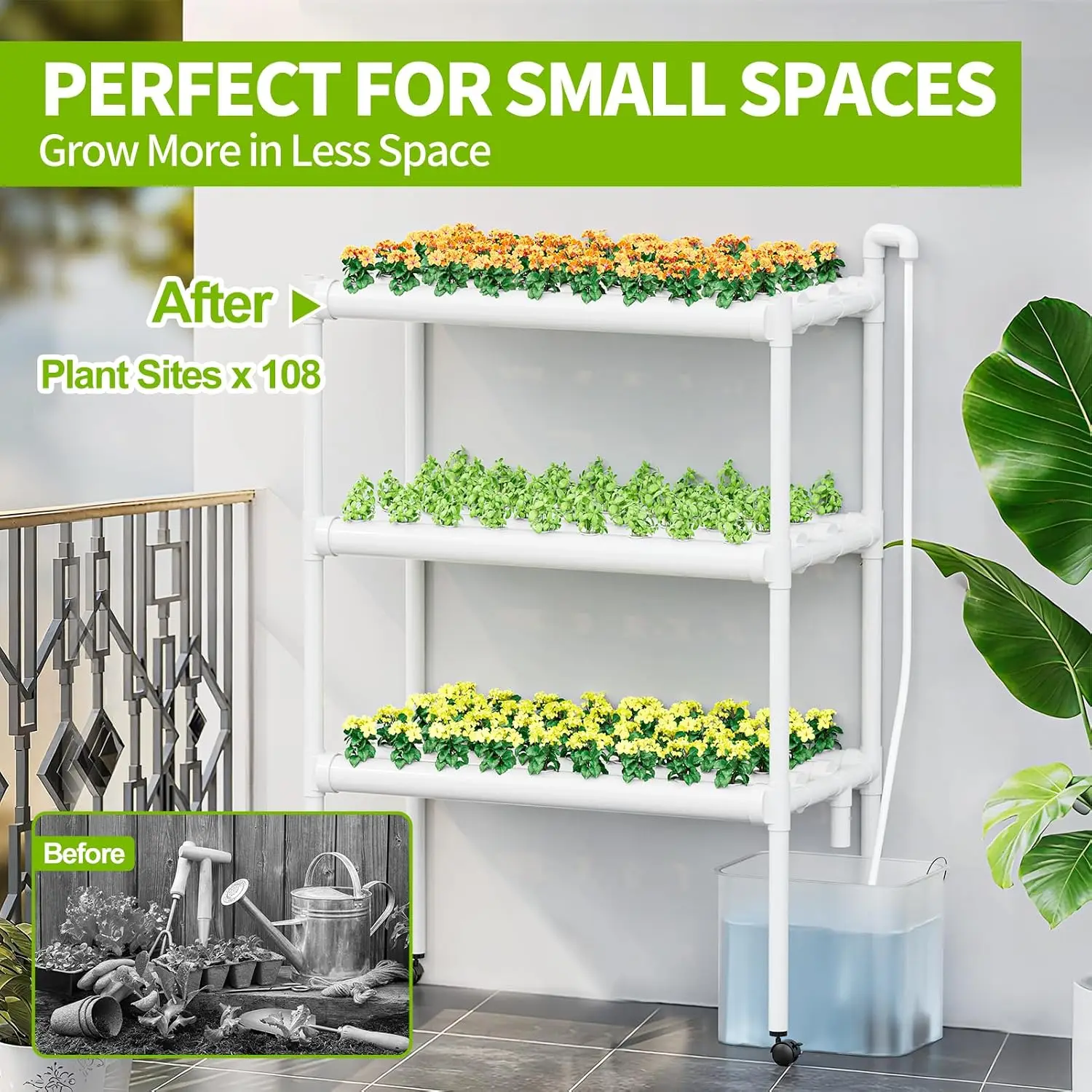 3 Tier 108 Plant Sites Hydroponics Growing System Wheels Food Grade PVC U Pipes Gardening Kit Leafy Vegetables Lettuce Herbs Wat