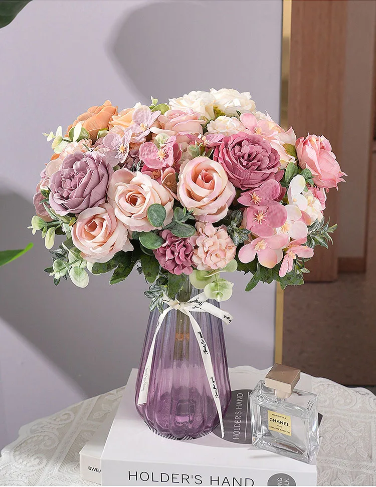 Künstliche Pfingstrose, Hortensien, rosa Rosen, Blumenstrauß, Seidenblumen für Hochzeit, Party, Blumenstrauß, gefälschte Blumenarrangements, Heimdekoration – Detail 1