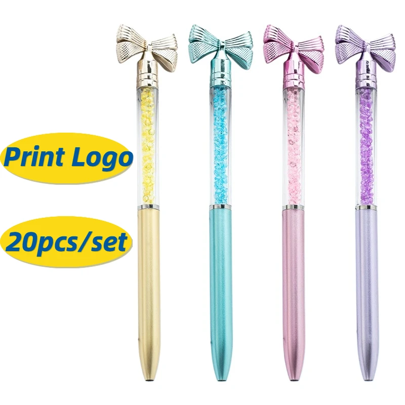 20pcs Plastic Bowtie Pen Advertising Freebies Ballpoint Pen Gift Set Free Logo Crystal Pen Office Accessories Pens for Writing