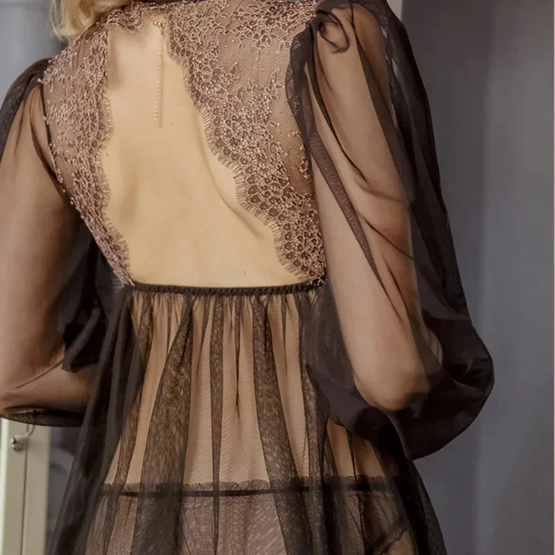 Милая сексуальная кружевная мини-ночная рубашка с глубоким v-образным вырезом и открытой спиной и длинными рукавами, черно-белый комплект одежды для сна, спальное платье