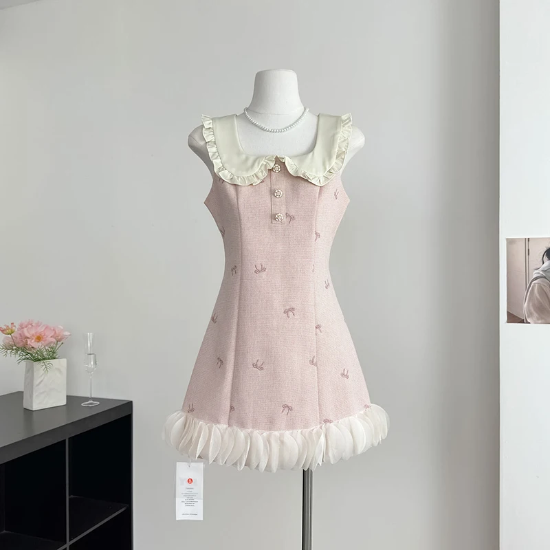 MEXZT Sweet Pink Mini Dress Women Fashion Kawaii Party Bow Patchwork Dresses Korean Elegant Sundress Summer Bodycon Vestidos New