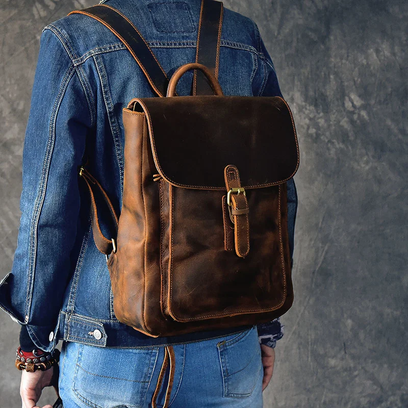 Crazy Horse Cowhide Men Backpack Genuine Leather Vintage Daypack Travel Casual School Book Bags Brand Male Laptop Rucksack