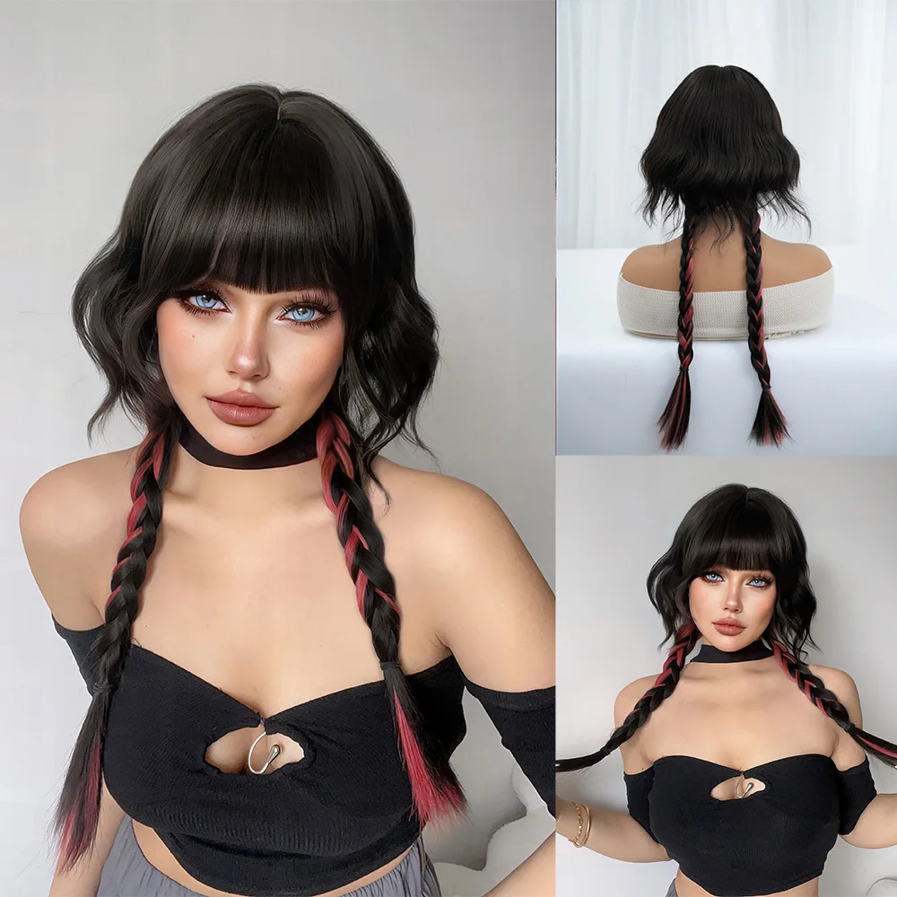 12Inch Black Short Wavy Hair With 26Inch Black Highlight Red Braided Hair Synthetic Wigs With Bang Wig For Women Heat Resistant