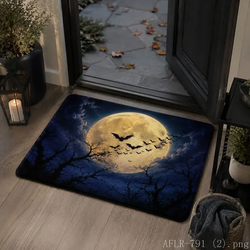 VIKAMA Halloween doormat Black Cat Moon Bat Pumpkin Non slip floor mat Entrance door mat Home decoration