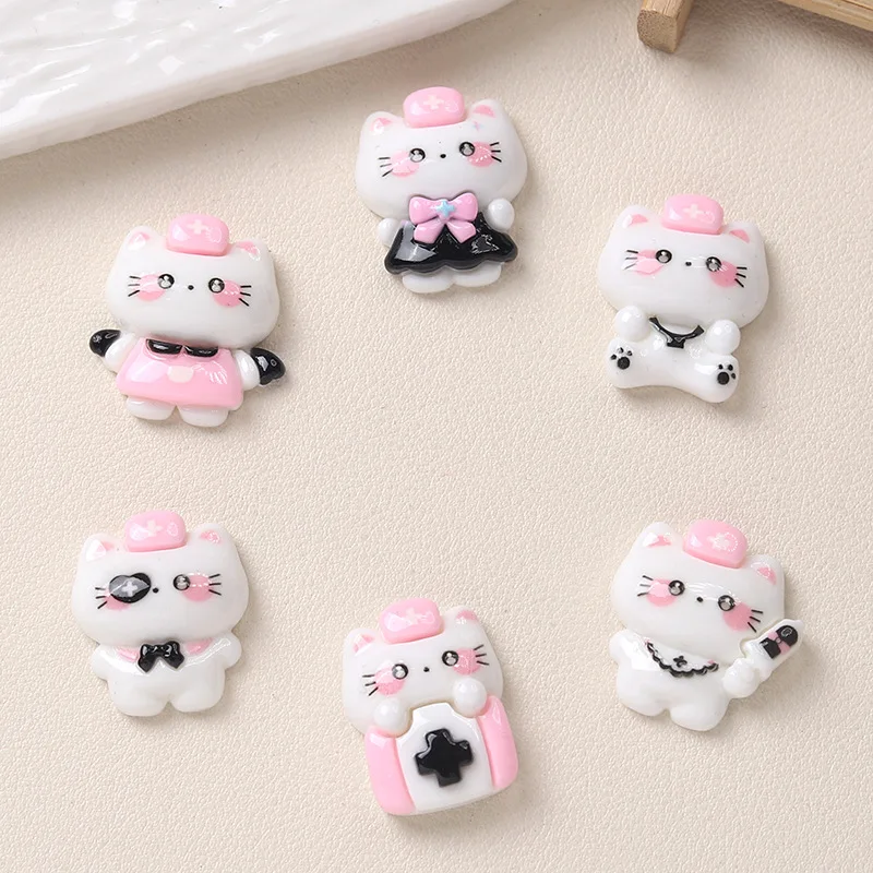 10Pcs New Kawaii Cartoon nurse kitten Series Flat Bottom Scrapbook DIY Jewelry Craft Decoration