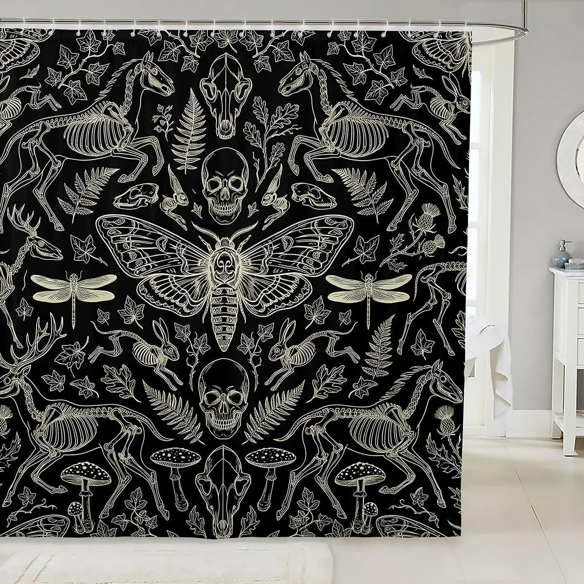 Vintage Black Skeleton Dino Skull Nature Shower Curtain Gothic Line Art Bathroom Decoration 180x180cm Aesthetic