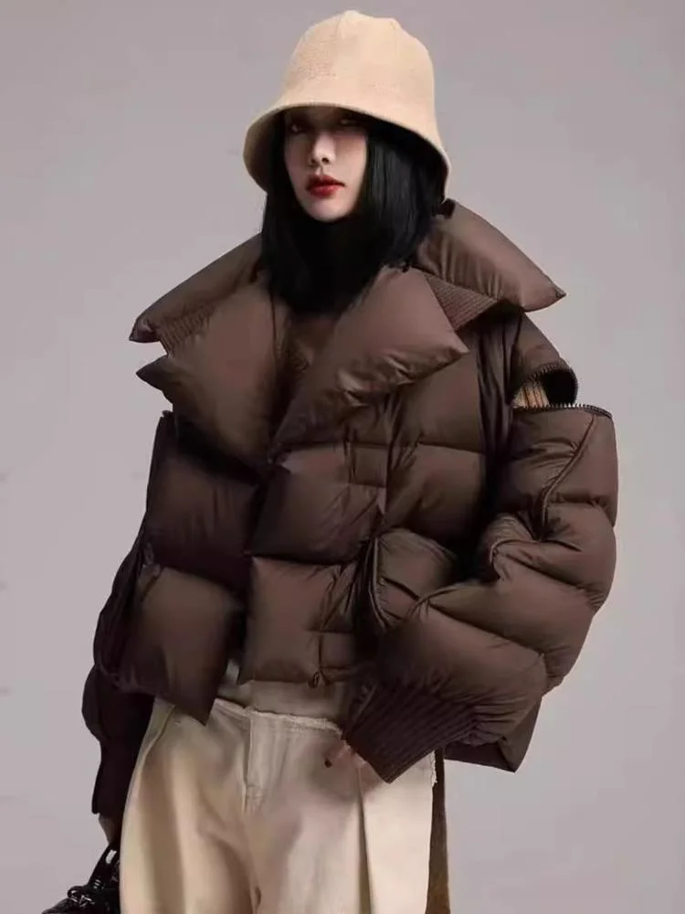 [EWQ] Fashion Spliced Big Lapel Design Fluffy Down Jacket Keep Warm Thicken Casual Women Parkas Coat 2024 Winter New 16O3569