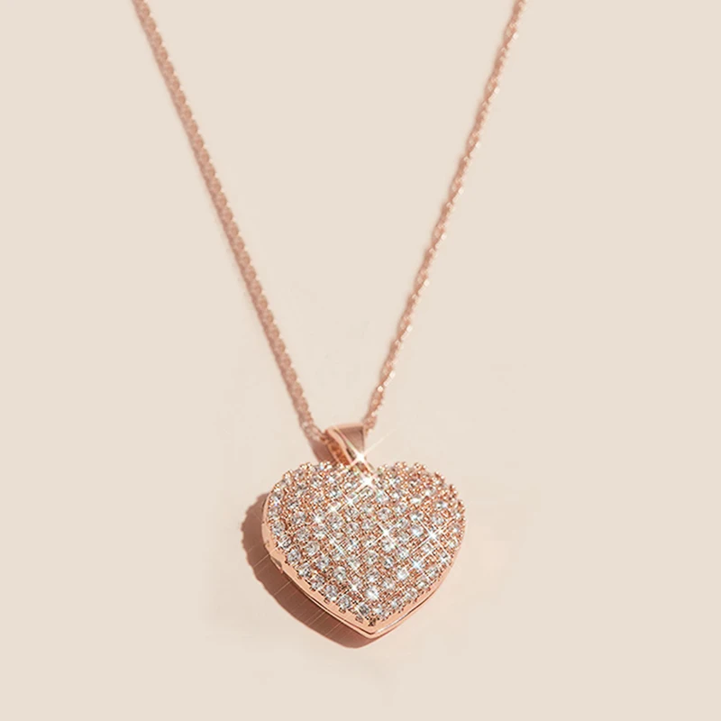 Huitan Aesthetic Rose Gold Color Heart Necklace for Women Full Paved Bling CZ Stone Fashion Wedding Jewelry Birthday Gift Bulk