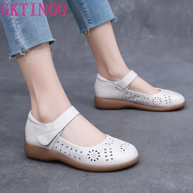 GKTINOO Genuine Leather Ladies Flats Summer Shoes Woman Plus Size Casual Loafers Hollow Round Toe Soft Comfort Sandals Female