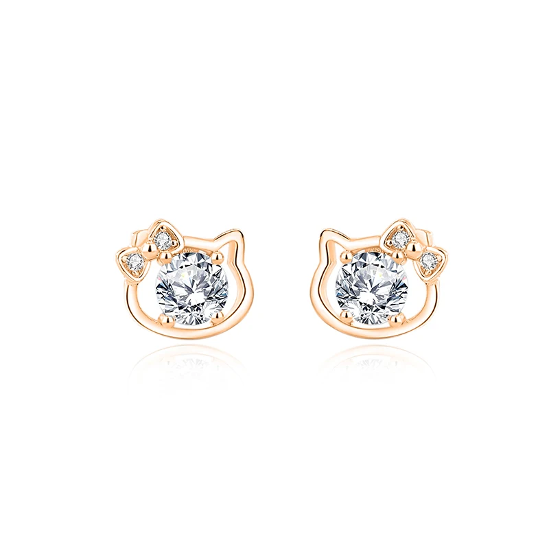 Bow Kitty Earrings Zircons 925 Sterling Silver Japanese Style TikTok Classic Cute Cat Fine Jewelry Sweet Party Gift For Girls