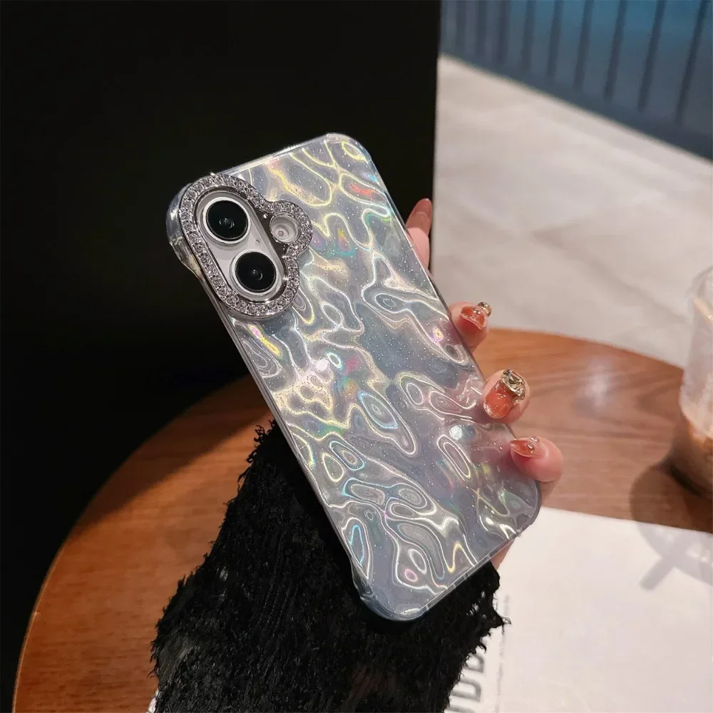 Laser Dazzling Pleated Aurora Water Ripple Phone Case For iPhone 16 12 13 14 15 Pro Max Glitter Half pack Back Cover