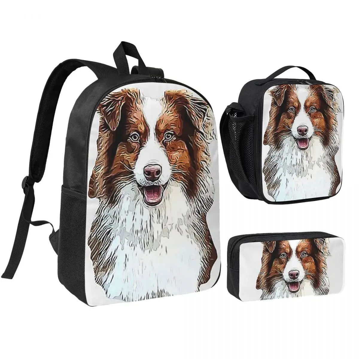 Australian Shepherd Red Tricolor Lovers Backpack Student BookBag School Bag Shoulder Bags 3ps Insulated Lunch Bag Pencil Case