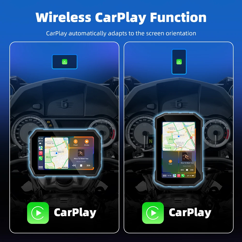 EKIY Wireless Carplay Android Auto 5 inch Portable Rotation Display Motorcycle Screen GPS Navigation Waterproof IPX67 TPMS