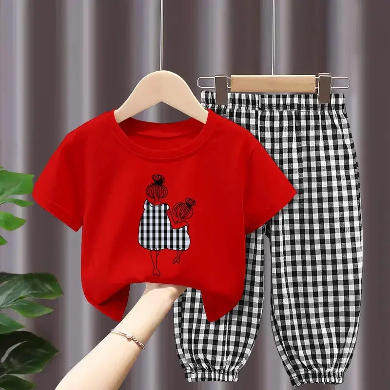 Children's Clothing Sets Mother and Daughter Printed Short-sleeved Top + Plaid Printed Trousers Kids Clothes Girls 2 To 8 Years