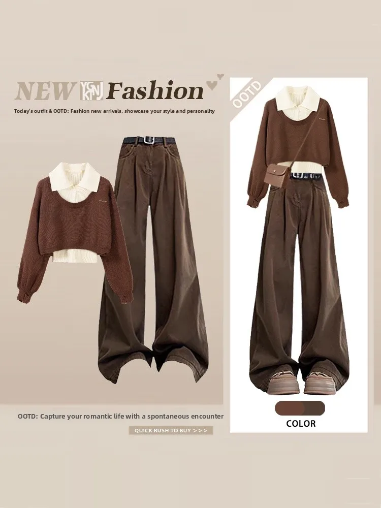 

Winter Women's Large Size Knitted Neck Sweater Set Wide Leg Pants Two Piece Set College Style Lazy Vintage Fashion