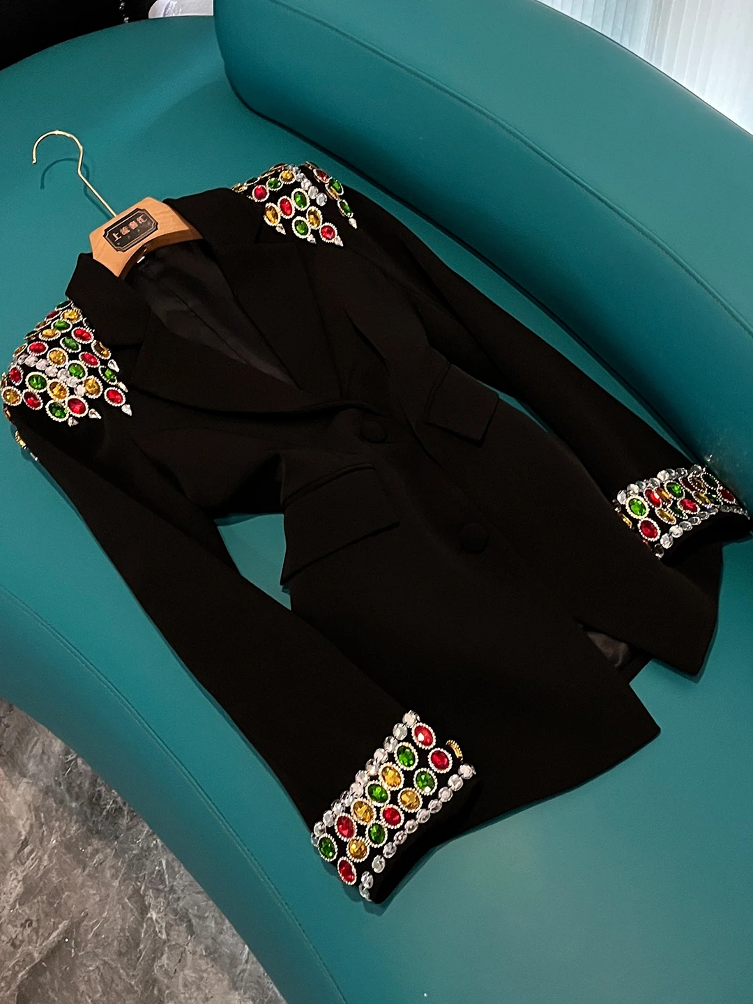 

2025 New Design Heavy Embroidery Jewelry Stones OL Commute Top Suit Jaet Women's Busin Faion Long Sve Mid-Length