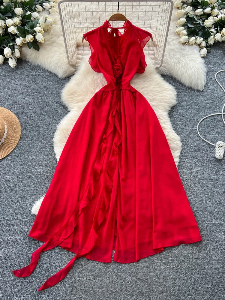 

Нежная ветреная волна: Новая женская длинная юбка А-силуэта 2025 года Ele Aosphere с 3D-принтом, цветочным узором и высокой талией из шелкового шифона