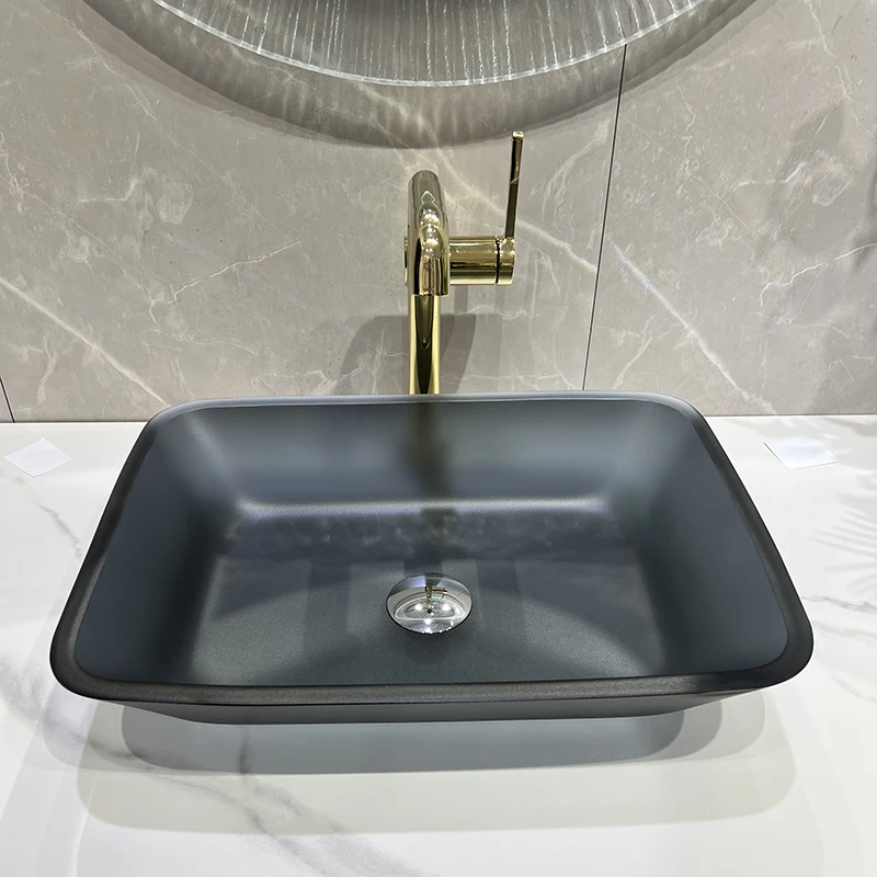 

Trendy frosted tempered glass countertop basin, European gold tea color rectangular washbasin, gray artistic washbasin GN617FR