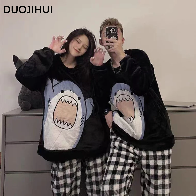 DUOJIHUI Ins Two Piece Basic Flannel Pajamas for Women Korean Chic Print Pullover Simple Casual Plaid Fashion Female Pajamas Set