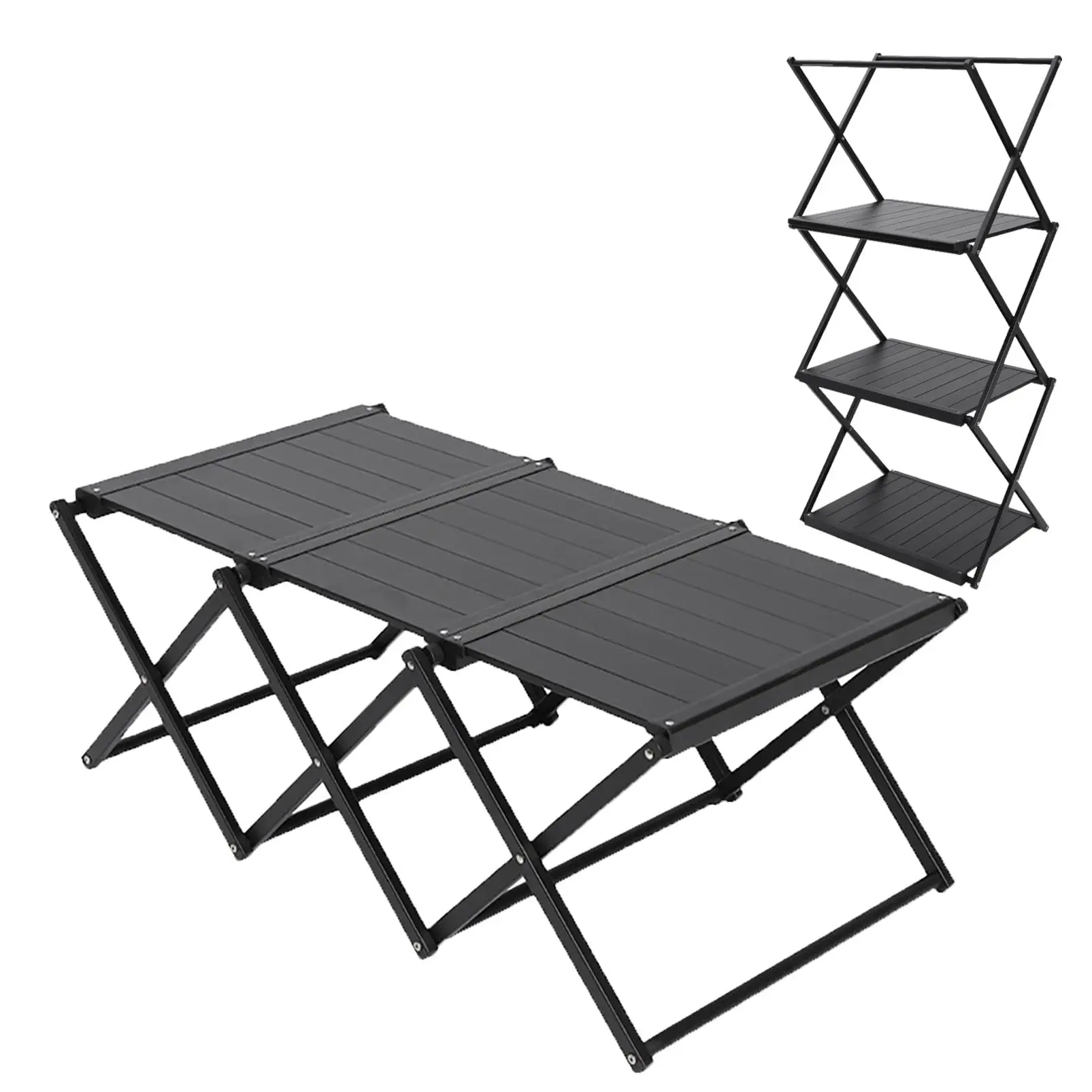 

3 Ft Folding Camping Table And 3-Tier Storage Rack Dual Purpose Aluminum Lightweight For Outdoor Picnic Backyard