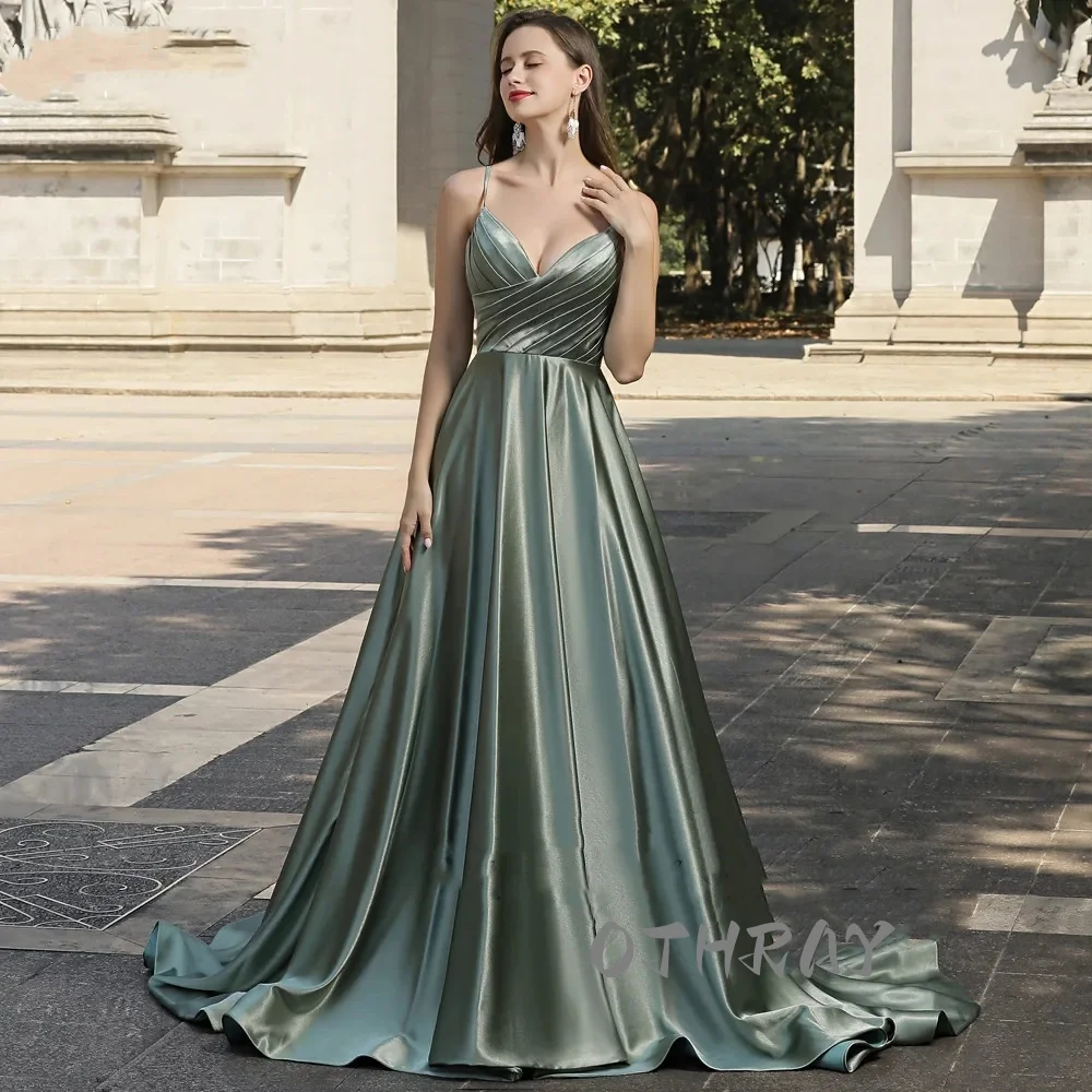 Sweetheart Avocado Green Evening Dresses Women Sleeveless Sweep Train A Line Elegant Prom Gown Party Dresses