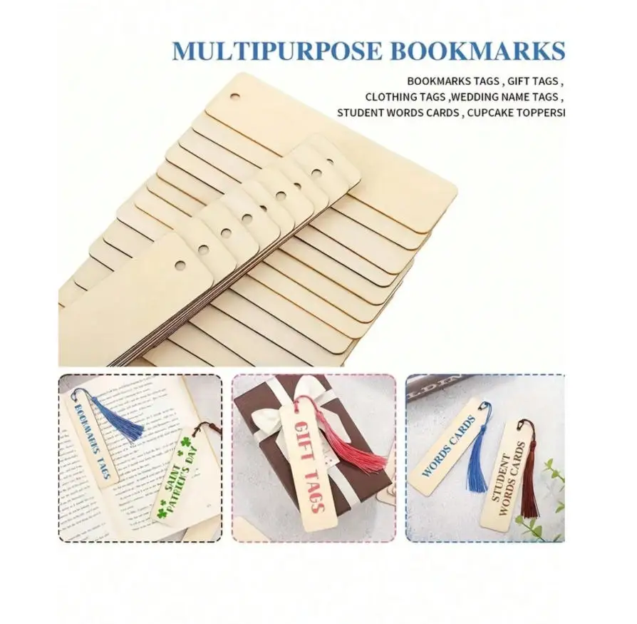 20pcs Wooden Blank Bookmarks DIY Wooden Craft Bookmarks Wooden Laser Cut Wooden Pendant Wooden Square Tags (10 Bookmarks + 10 Ta