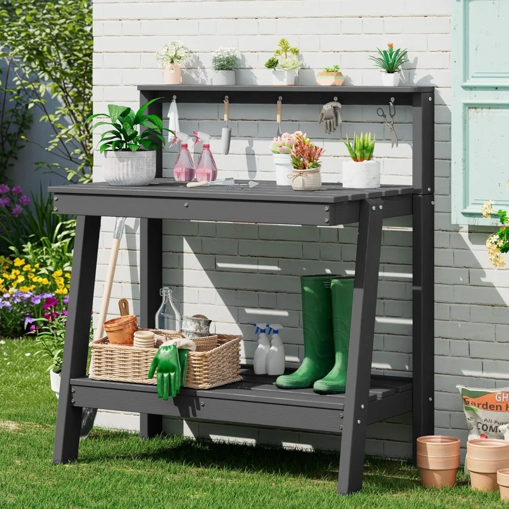 

SERWALL Potting Bench Outdoor with Storage, 3-Tier HDPE Gardening Table with Angled Legs & Tool Hooks, All-Weather Heavy Duty Po