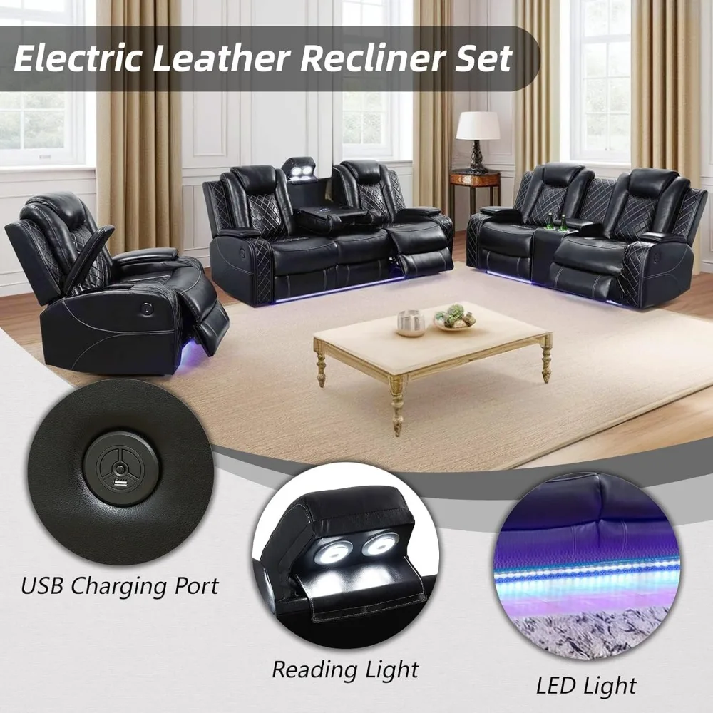 Reclinável, conjunto de 3 cadeiras reclináveis de energia, sofá reclinável com luzes LED, sofá reclinável de couro secional com carregador USB