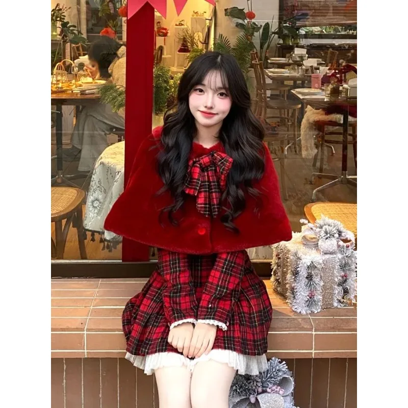 Women Red Plaid 3 Piece Outfit Furry Cape Coat + Long Sleeve Top + Pleated Skirt Set Bow Decor Winter Christmas Party Sweet set
