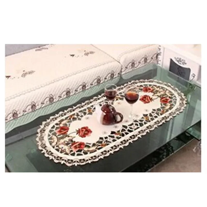 Oval Vintage Embroidered Lace Tablecloth Elegant European Rustic Floral Table Decoration Floral Satin Fabric Table Cloth