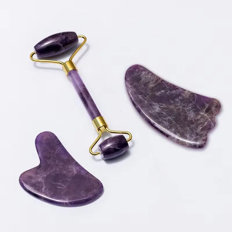 

Натуральный аметист, массажный инструмент Гуа Ша, нефритовый ролик, скребок для гуаши, массажер для лица, лифтинг против морщин, набор для ухода за кожей