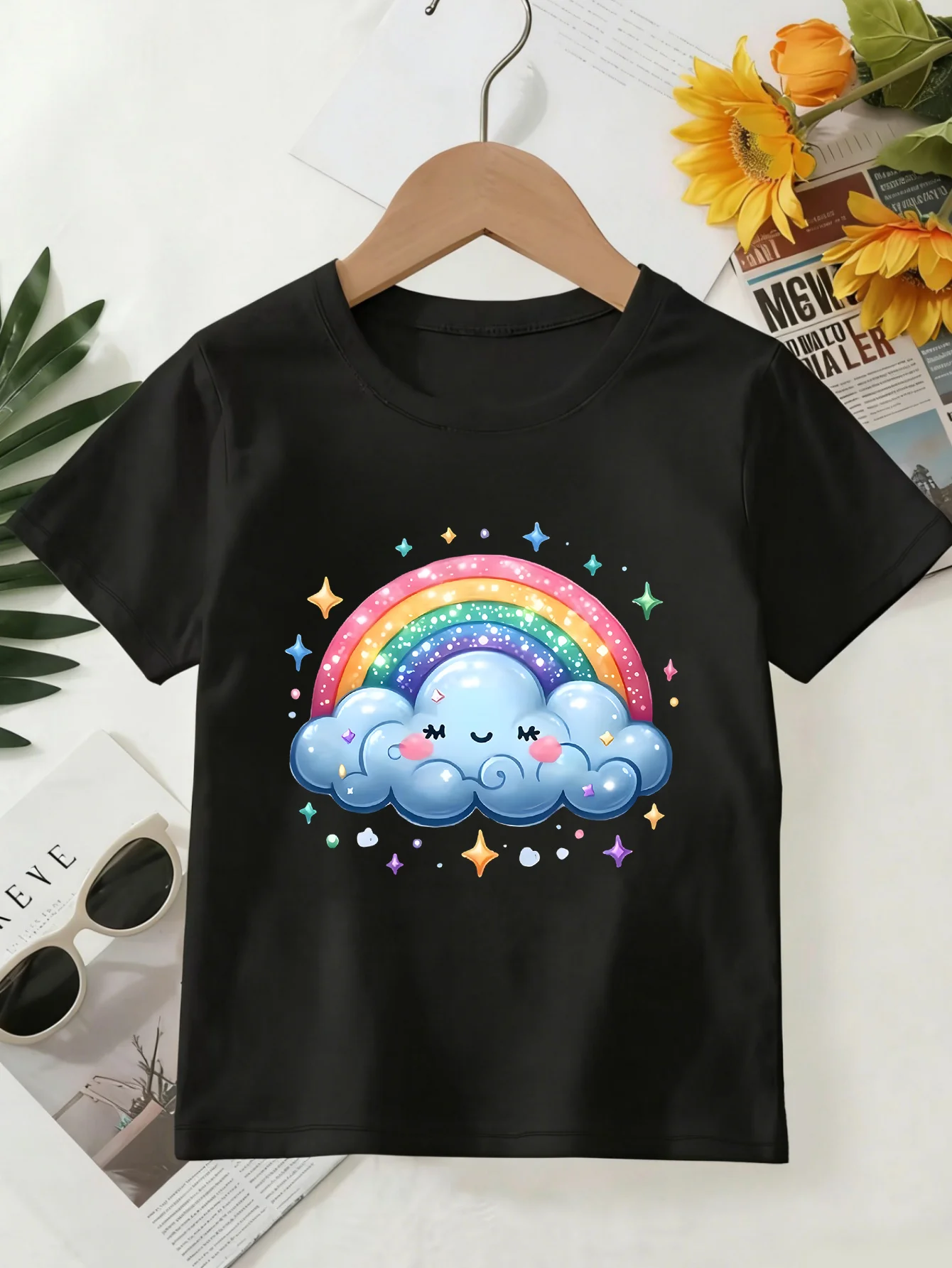 Kids Family Matching T Shirt Cute Smiley Cloud Rainbow Stars Print Short Sleeve Cotton Tops For Boys Girls Daily Casual Outfit