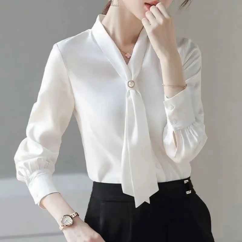 Women Spring Autumn Style Blouses Shirts Lady Casual Long Sleeve Bow Tie Collar Blusas Tops Office Lady Shirt Female Clothes Top