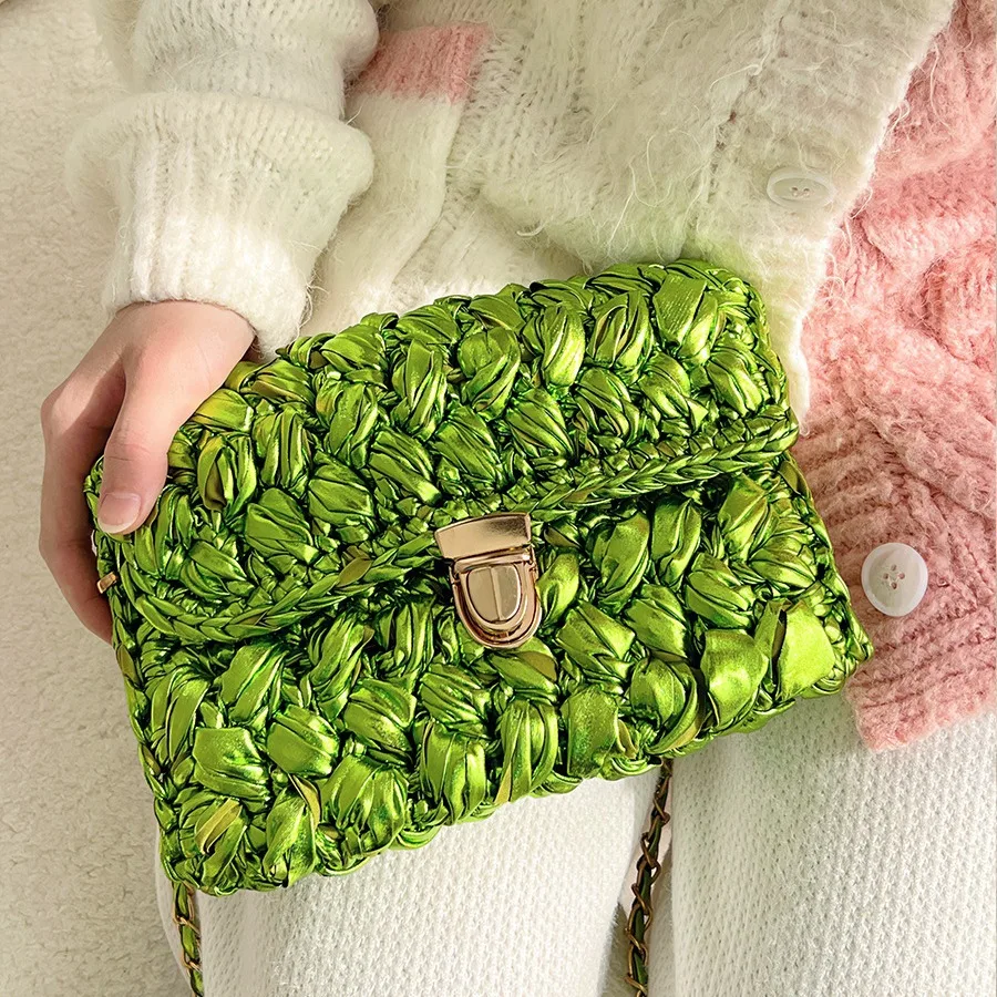 Candy Color Knitting Shoulder Bag Handmade Crochet Crossbody Bags for Women Glossy Woven Purses and Handbags Chains Phone Flap