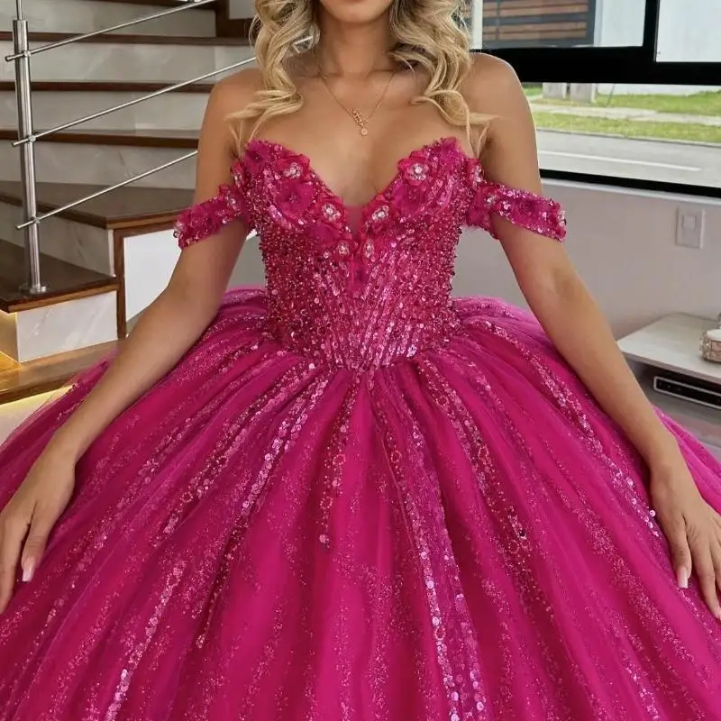 Sparkly Rose Red Princess Quinceanera Dresses Ball Gown Off Shoulder Corset Sequin Beads Vestido De 15 Anos quinceañera Sweet 16