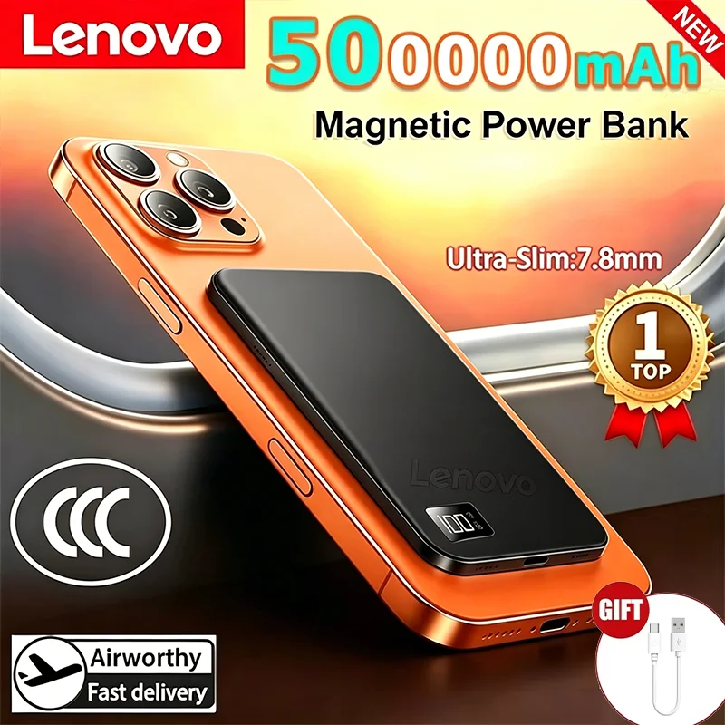 Lenovo HOT 500000mAh Ultra-thin Magnetic Powerbank 3C Certified Wireless Digital Display Mobile Battery forMagSafe Fast Charging